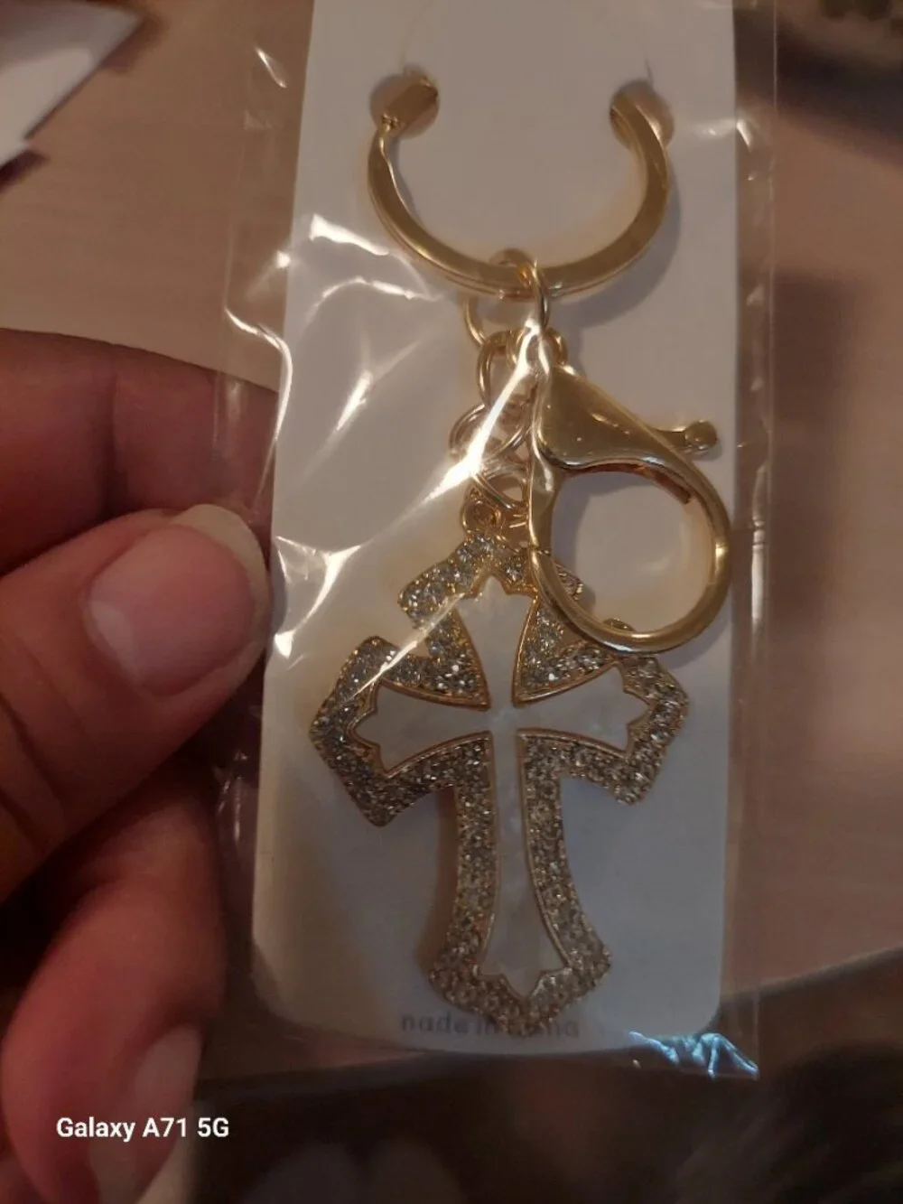 White Enamel & Gold-tone Cross Keychain /Bagcharm